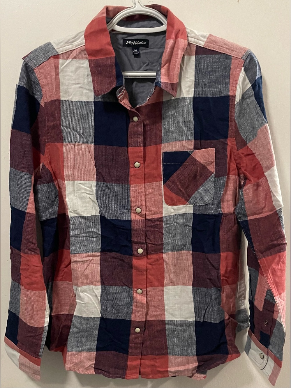 Flag & Anthem Women’s Plaid Button Up Shirt Long Sleeve Coral Navy White Medium